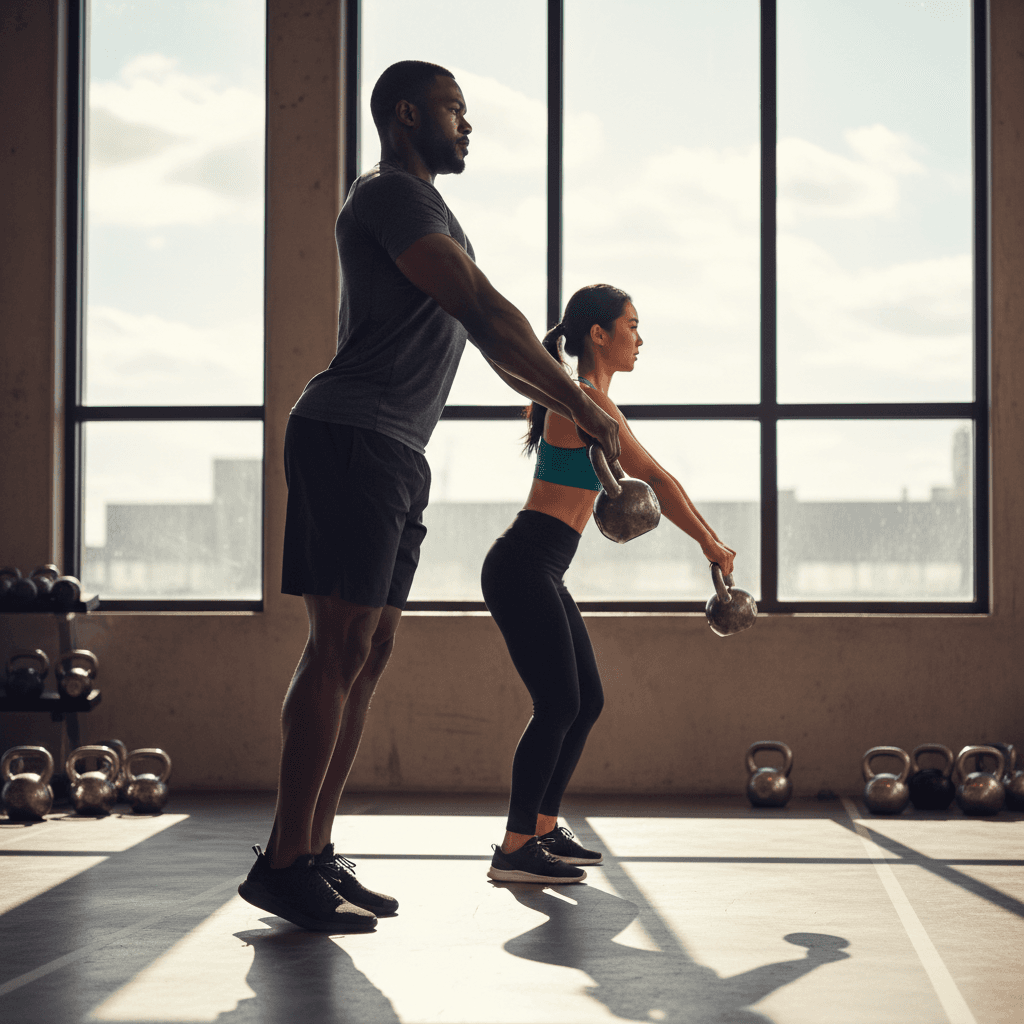 Kettlebell swing demonstration by trainer and client
