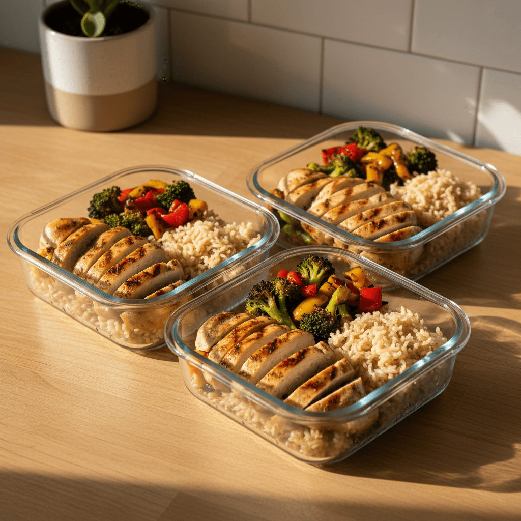 Prepared healthy meal container with protein and vegetables