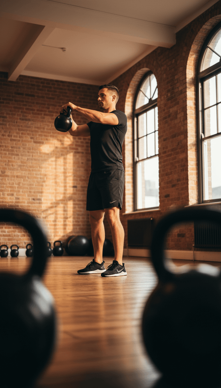 Personal trainer demonstrating kettlebell swing form
