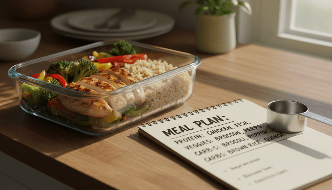 Prepared meal with chicken, vegetables, and grains in container