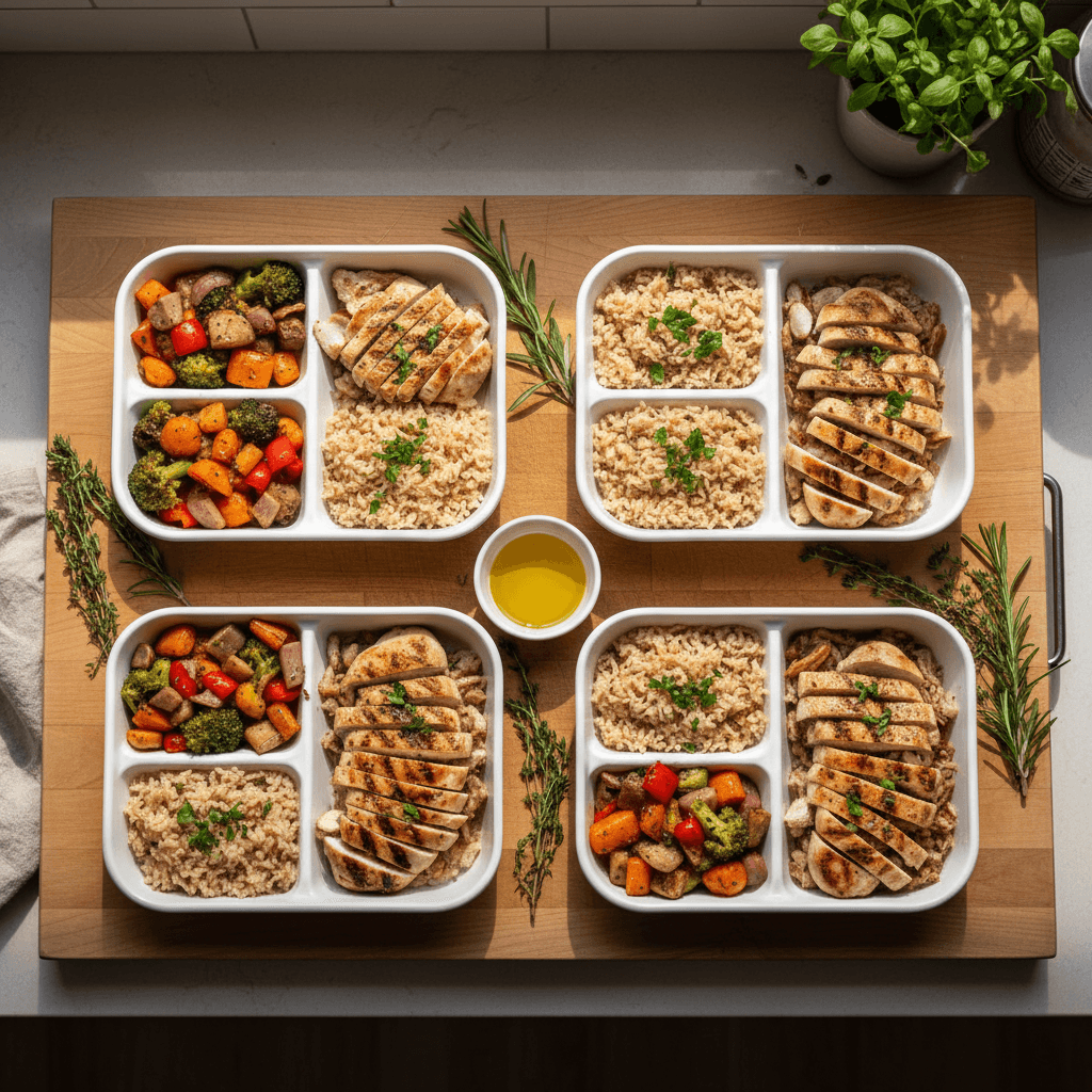 Healthy prepared meals in containers