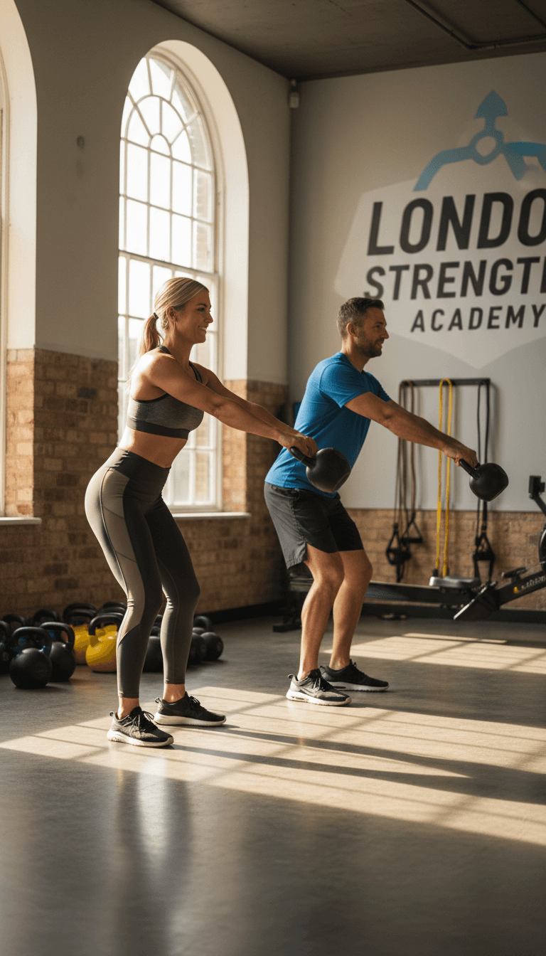 Personal trainer demonstrating kettlebell swing form with client in London gym