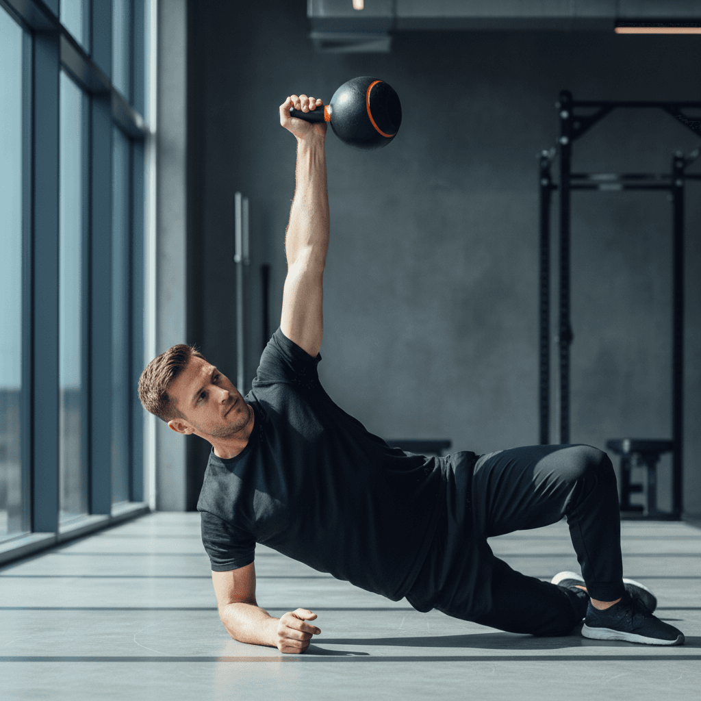 Kettlebell Turkish get-up exercise in progress